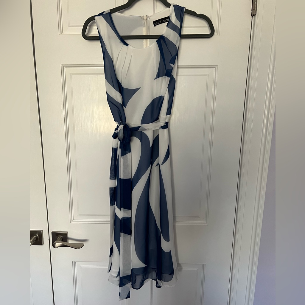 Pietro Brunelli Maternity Navy And White Sleeveless Midi Dress With Tie Belt